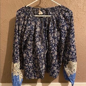 LOFT Blue and Cream Smocked Blouse with Long Sleeves